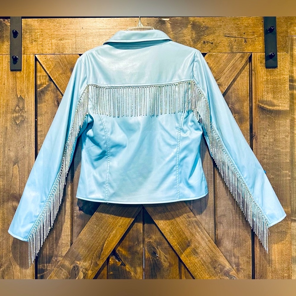 NWOT Blue B Cowgirl Rhinestone Fringe Faux Leather Jacket - Picture 3 of 15
